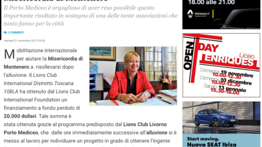 Lions Club Porto Mediceo consegna 9mila euro alla Misericordia di Montenero