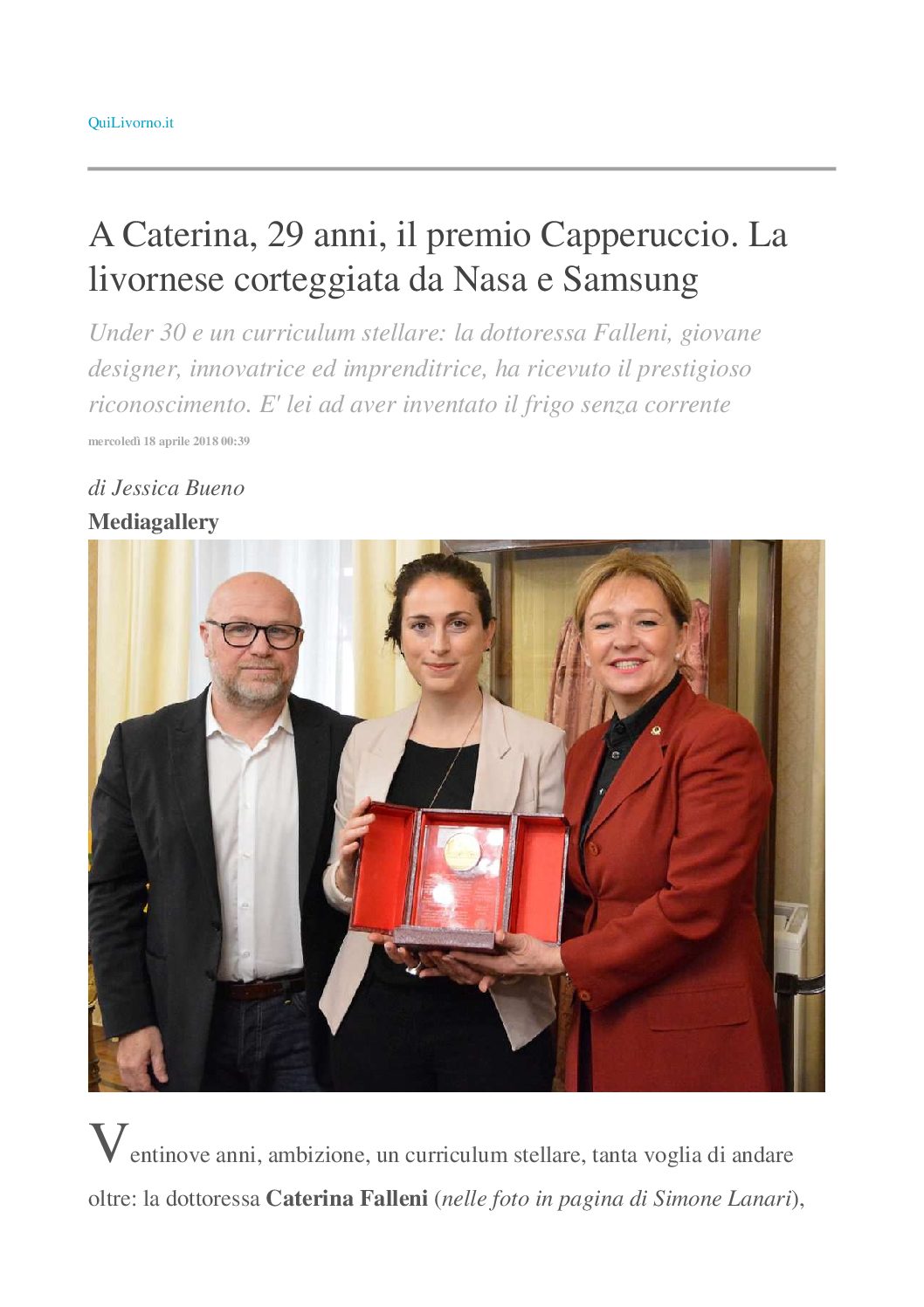QuiLivorno – Consegna del premio Capperuccio 2017 dal Lions Porto Mediceo alla Dott.ssa Caterina Falleni